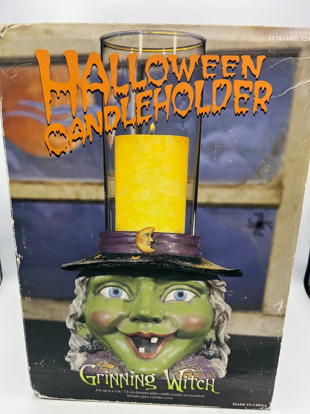 Vintage Halloween Grinning Witch Candle Holder Glass Cylinder Costco New In Box